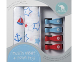2 Pack Wraps & 4 Pram Pegs | Blue Stars and Nautical
